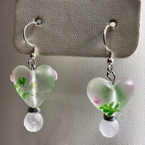 Handmade Lamp Work Heart-Shaped Floral Dangle Earrings with rhinestones 2 inches